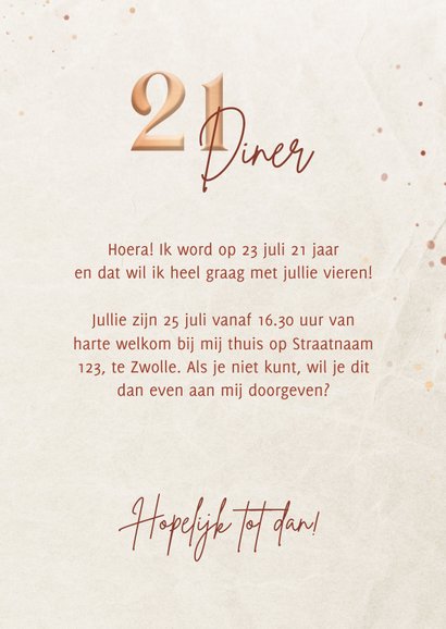Uitnodiging 21-diner met roze waterverf en koperen details 3