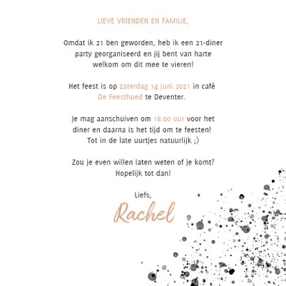 Uitnodiging 21 diner met zwarte verf en gouden typografie 3