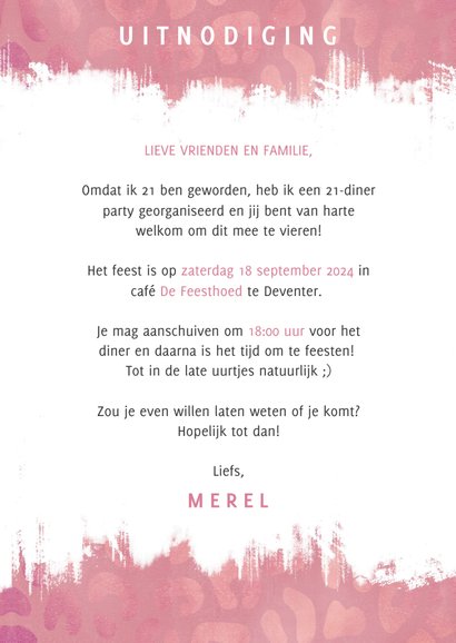 Uitnodiging 21 diner panterprint, verfstrepen en typografie 3