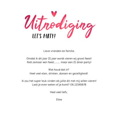 Uitnodiging 21 diner party hip en trendy roze met eigen foto 3