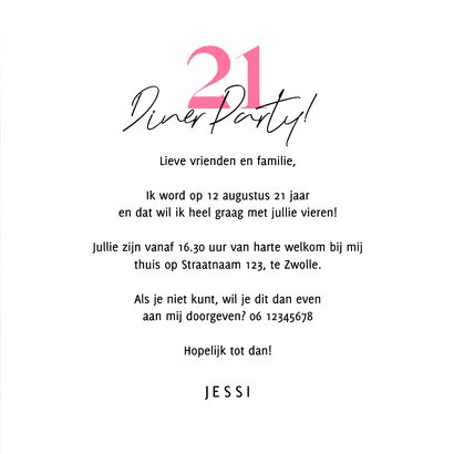 Uitnodiging 21 diner party kunst waterverf roze  3