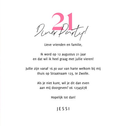 Uitnodiging 21 diner party kunst waterverf roze  3