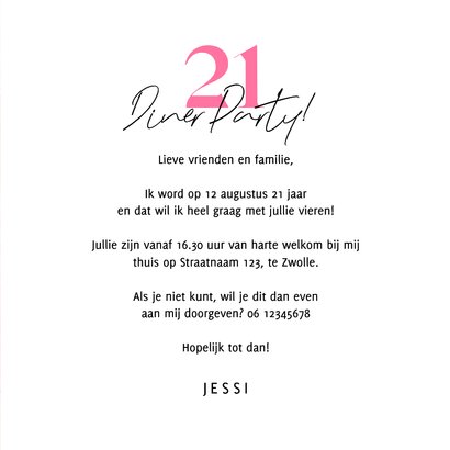 Uitnodiging 21 diner party kunst waterverf roze  3