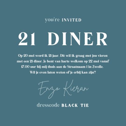 Uitnodiging 21 diner stijlvol met foto blauw met veren 3