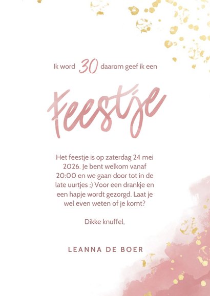 Uitnodiging 30 jaar roze waterverf gouden spetters feestje 3