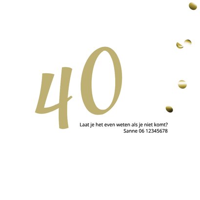 Uitnodiging 40 vrouw met goudkleurige confetti 2