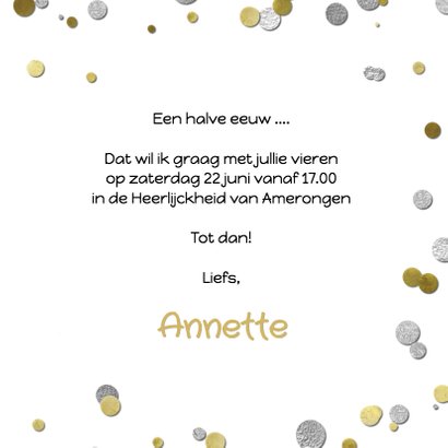 Uitnodiging 50 jaar ballon zilver en confetti 3