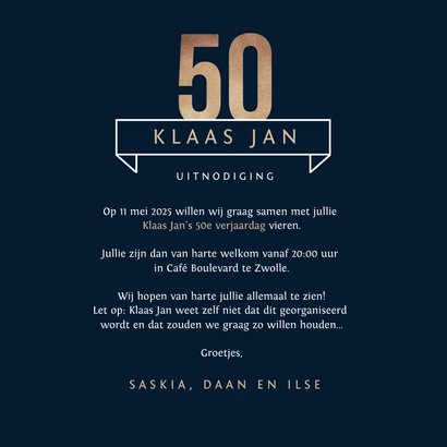 Uitnodiging 50 jaar goud stijlvol man blauw 3