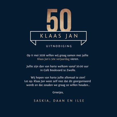 Uitnodiging 50 jaar goud stijlvol man blauw 3