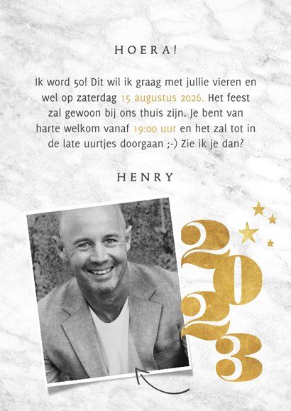 Uitnodiging 50 jaar met jaartallen, foto's, marmer & sterren 3