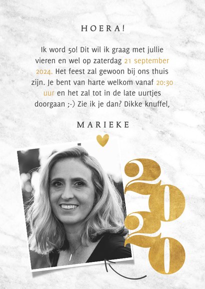Uitnodiging 50 jaar met marmer, foto's, pijlen en jaartallen 3