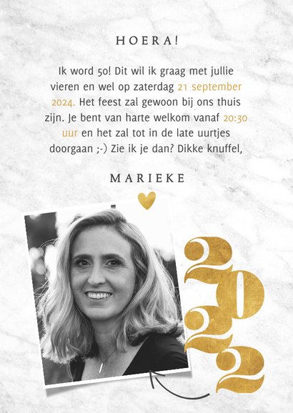 Uitnodiging 50 jaar met marmer, foto's, pijlen en jaartallen 3