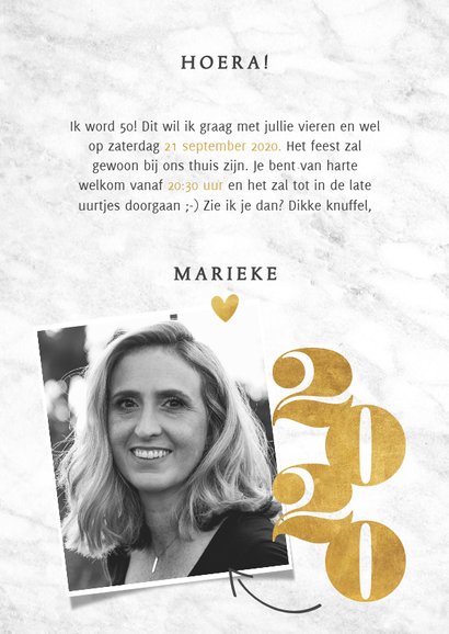Uitnodiging 50 jaar met marmer, foto's, pijlen en jaartallen 3