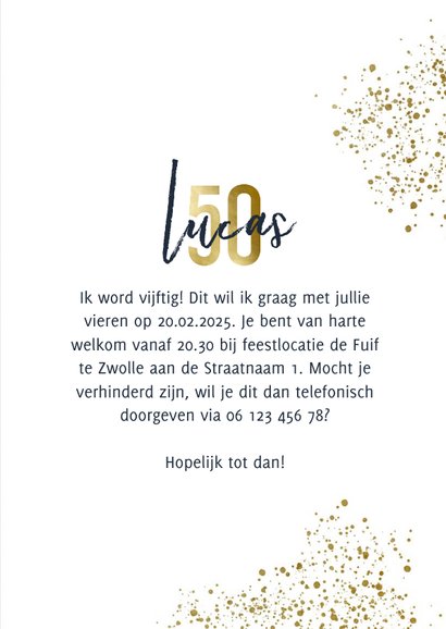 Uitnodiging 50 jaar stijlvol goudlook met foto en spetters 3