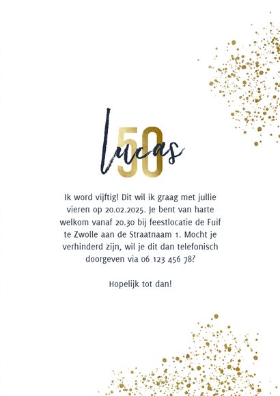 Uitnodiging 50 jaar stijlvol goudlook met foto en spetters 3