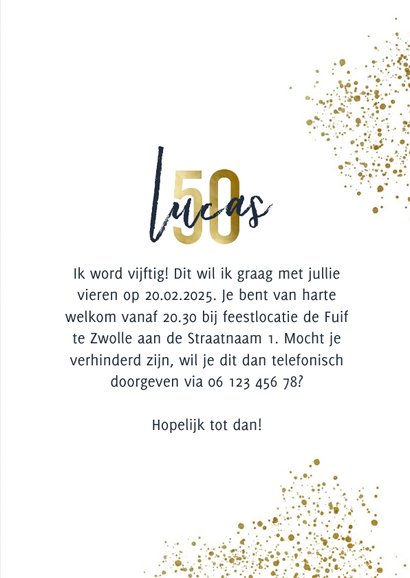 Uitnodiging 50 jaar stijlvol goudlook met foto en spetters 3