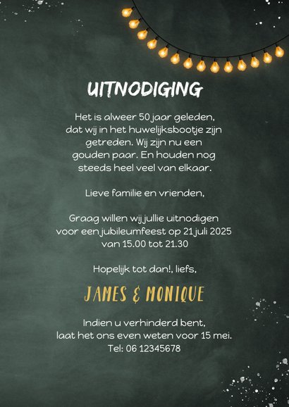 Uitnodiging 50 jarig jubileum wegwijzers krijtbord lampjes 3