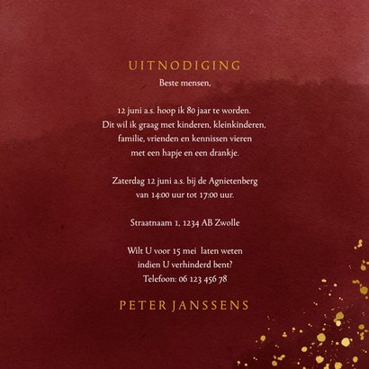 Uitnodiging 80 jaar in goudlook en bordeaux waterverf 3