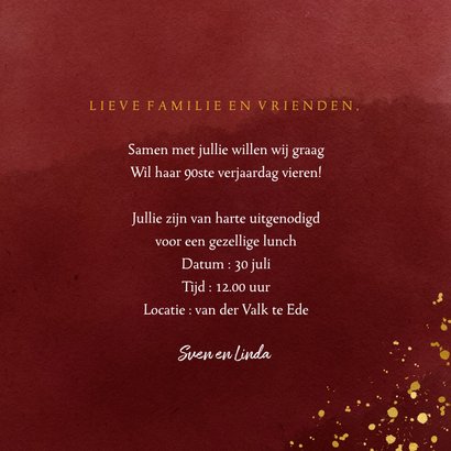 Uitnodiging 90 jaar gouden spetters op waterverf 3