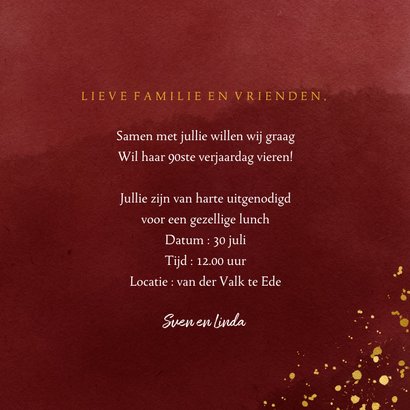 Uitnodiging 90 jaar gouden spetters op waterverf 3