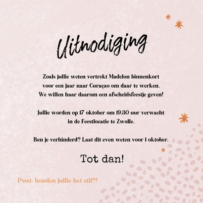 Uitnodiging afscheidsborrel roze confetti wijn foto 3
