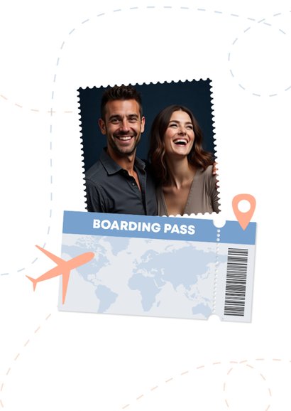 Uitnodiging afscheidsfeestje emigratie vliegticket en foto 2