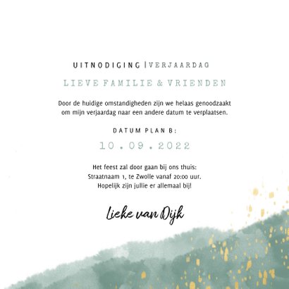 Uitnodiging annulering Plan B waterverf en gouden spetters 3
