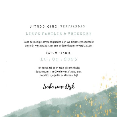 Uitnodiging annulering Plan B waterverf en gouden spetters 3