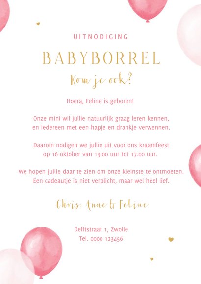 Uitnodiging babyborrel kraamfeest ballonnen hartjes foto 3