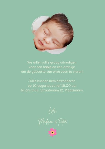 Uitnodiging babyborrel lief konijn en bloemen 3