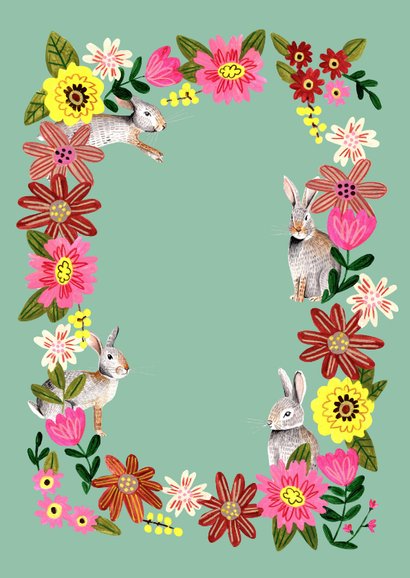 Uitnodiging babyborrel lief konijn en bloemen Achterkant