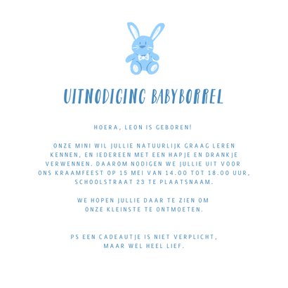 Uitnodiging babyborrel met blauw rompertje en hartjes 3