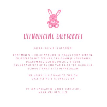 Uitnodiging babyborrel met roze rompertje en hartjes  3