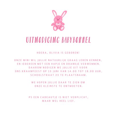 Uitnodiging babyborrel met roze rompertje en hartjes 3