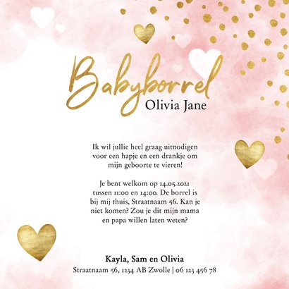 Uitnodiging babyborrel met roze waterverf, hartjes & stipjes 3