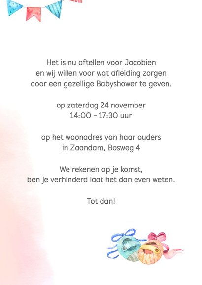 Uitnodiging babyshower blauw/roze 3
