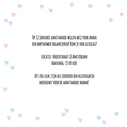 Uitnodiging babyshower hartjes en tekst blauw roze 2