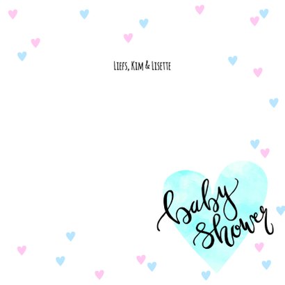 Uitnodiging babyshower hartjes en tekst blauw roze 3