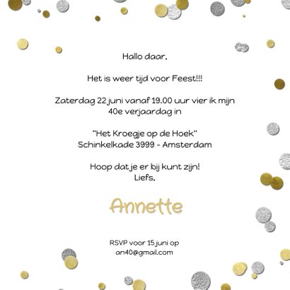 Uitnodiging ballon zilver 40 en confetti 3