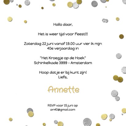 Uitnodiging ballon zilver 40 en confetti 3