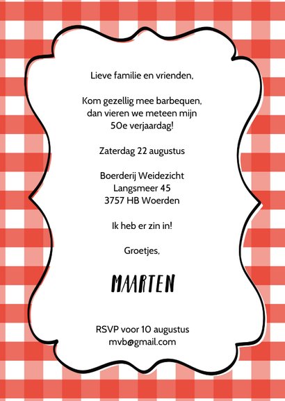 Uitnodiging barbecue rode ruitjes en tekstkader 3