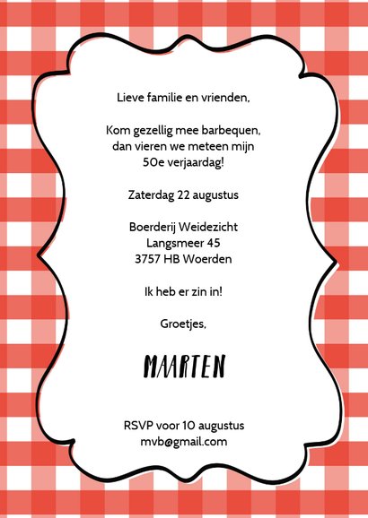 Uitnodiging barbecue rode ruitjes en tekstkader 3
