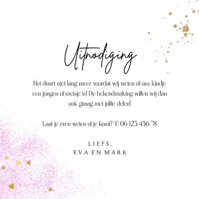 Uitnodiging blue or pink gender reveal party spetters goud 3