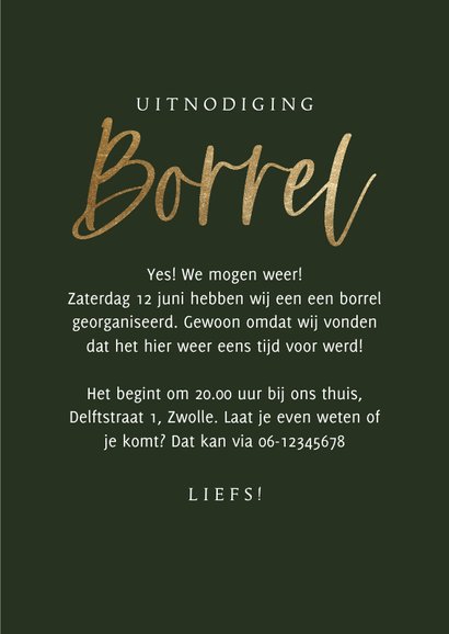 Uitnodiging ‘Borrel’ bubbels goudlook champagnefles glazen 3