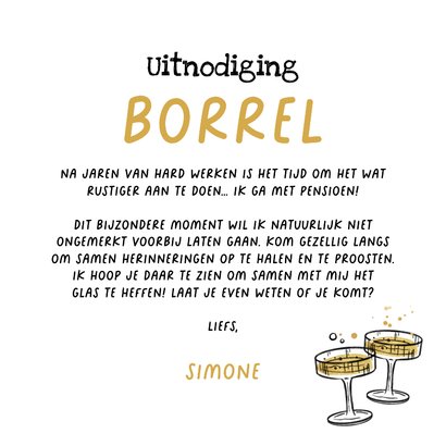 Uitnodiging borrel pensioen feestje champagne cocktails goud Achterkant