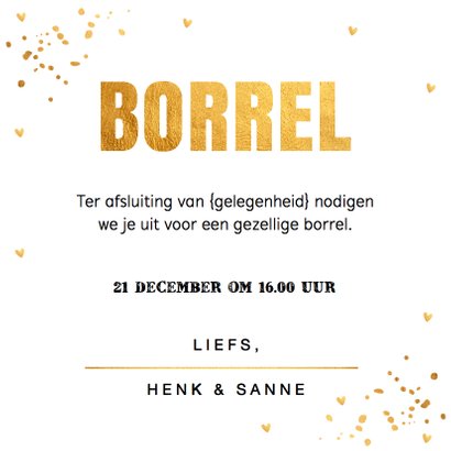 Uitnodiging kerstborrel goud confetti vierkant 3
