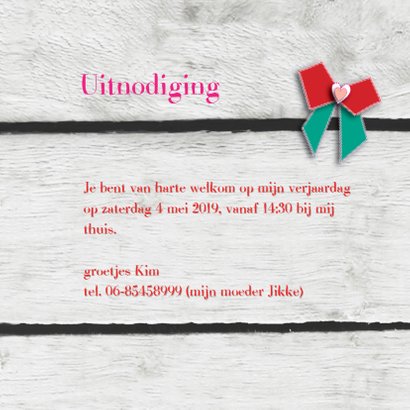Uitnodiging broche eigen tekst meisje 3