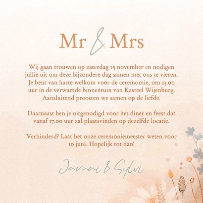 Uitnodiging bruiloft met eigen foto en aquarel wilde bloemen 3