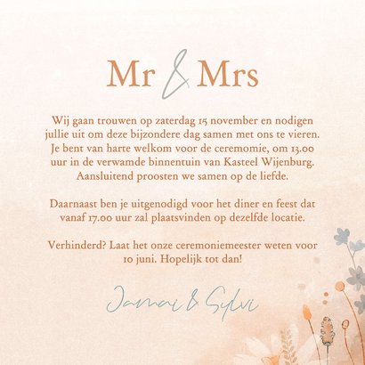 Uitnodiging bruiloft met eigen foto en aquarel wilde bloemen 3