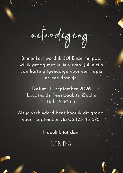 Uitnodiging cheers to 50 years goud confetti 3